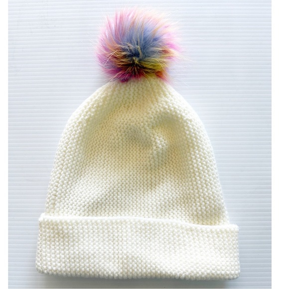 Knit Beanie Fuzzy Pom Pom Unicorn Colors Cream Fold Over Brim Pink Blue Ombré - Picture 1 of 4